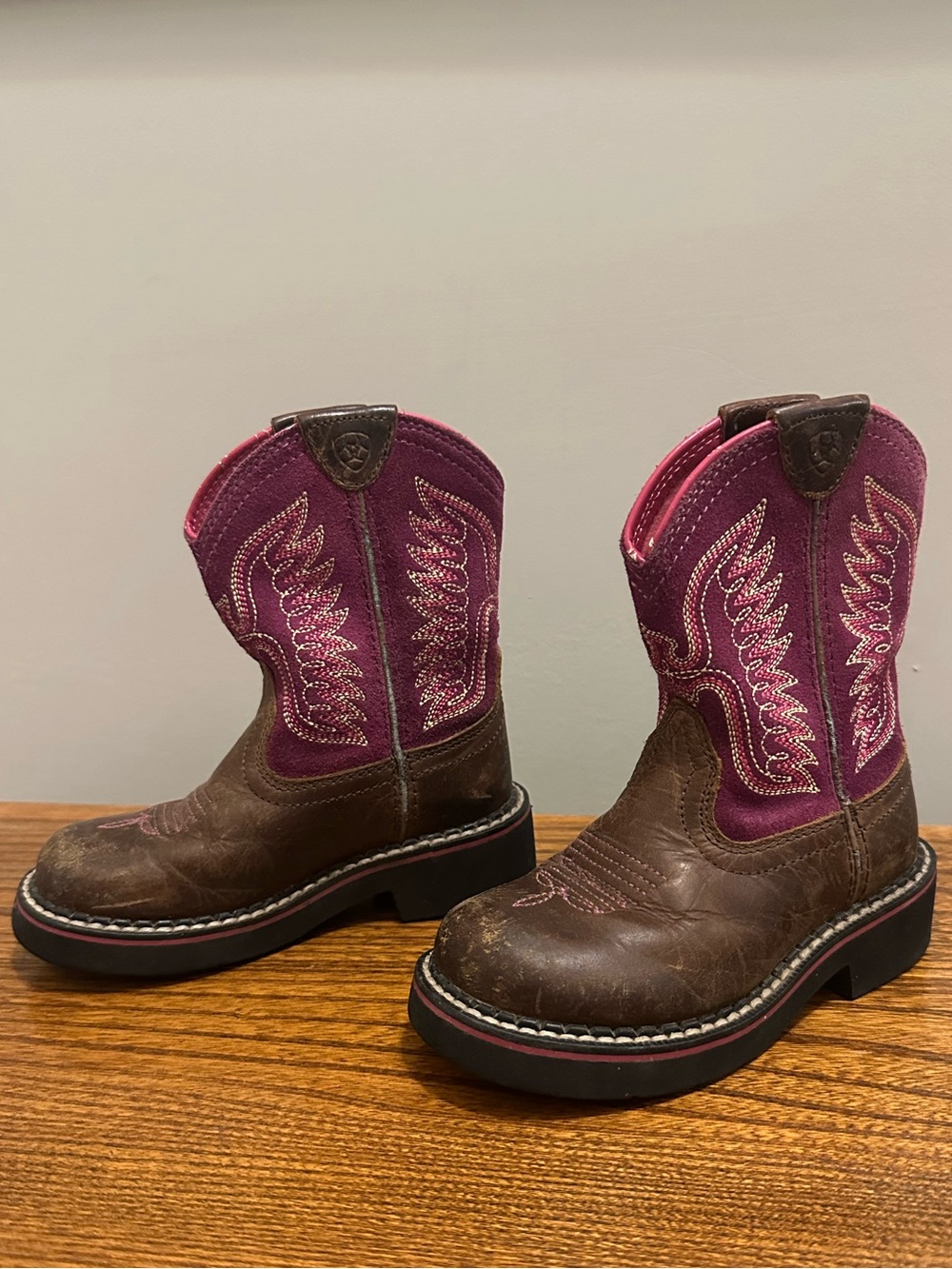 Ariat Brown Leather Foot with Purple-Pink Shaft Kids Western Boots